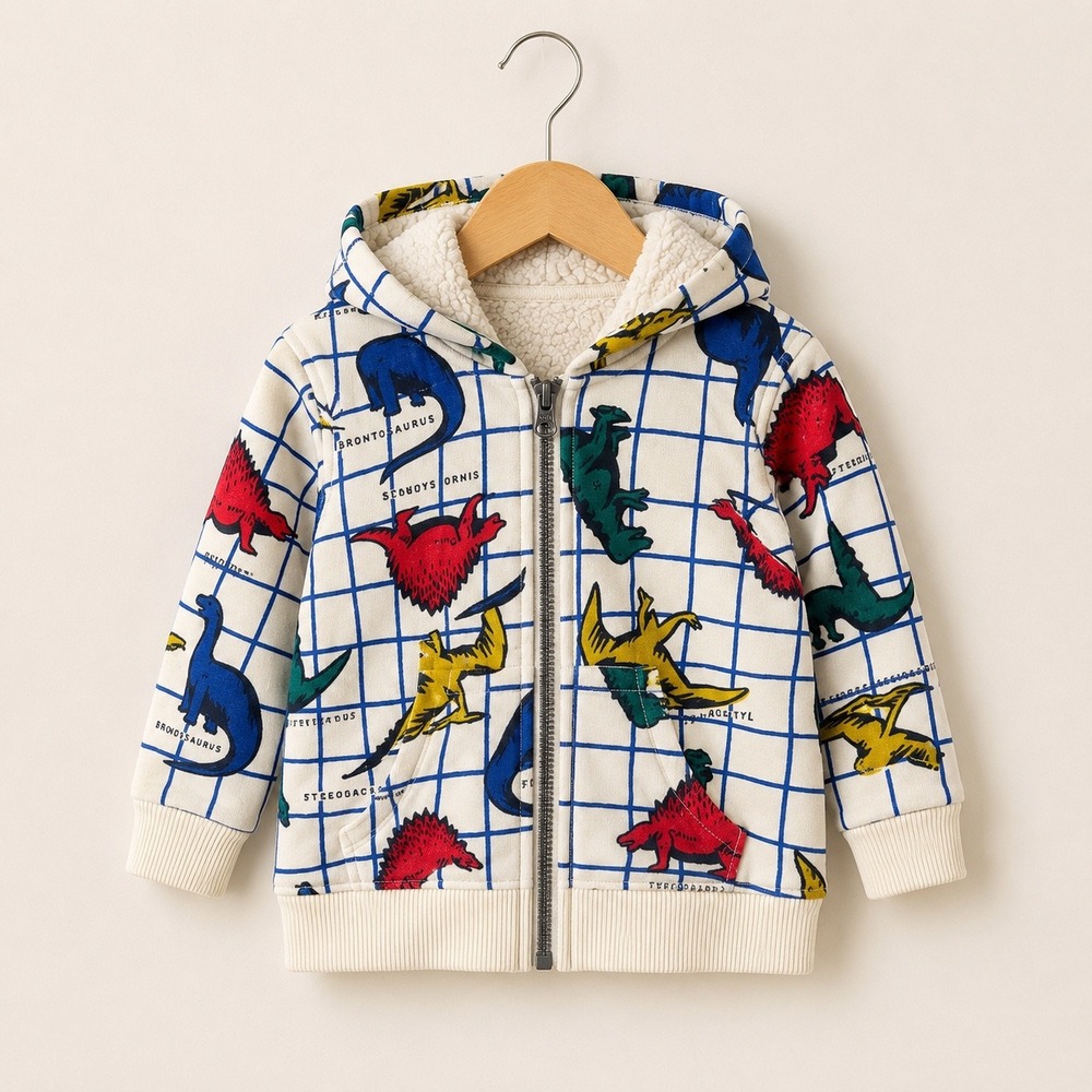 Hanna Andersson Dinosaur Hoodie Kids 2T Sherpa Lined Zip Jacket Cream Blue Red